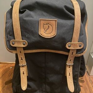 Fjallraven Black Canvas Backpack with Tan Leather Trim size medium